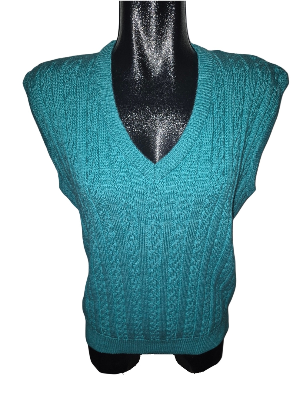 Vintage 80's Women's Light Teal Cable-Knit V-Neck Sweater Vest Size L